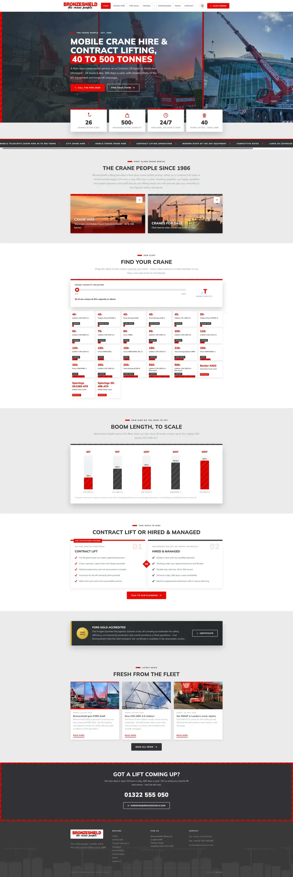 Full-page scrolling preview of an industrial lifting and equipment hire website