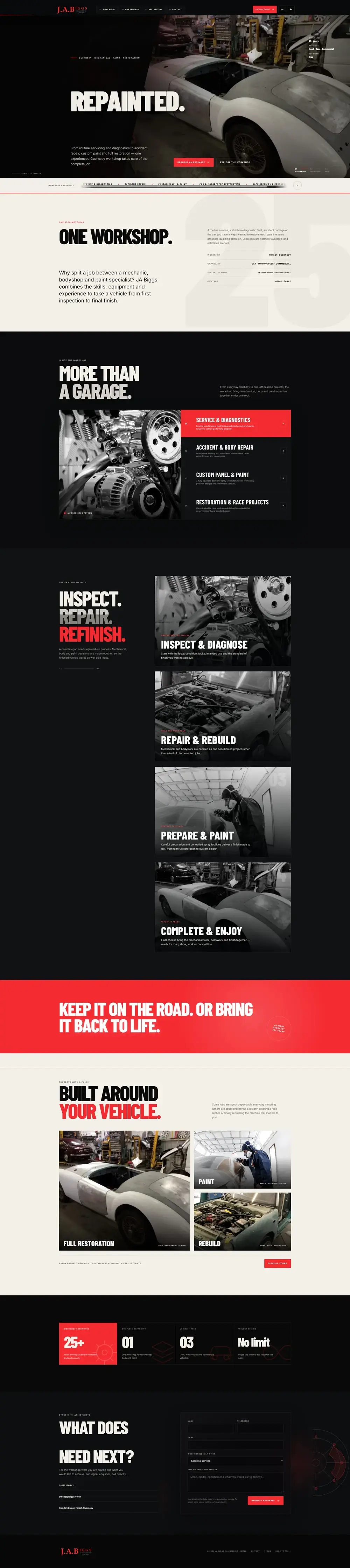 Full-page scrolling preview of a vehicle engineering and restoration concept