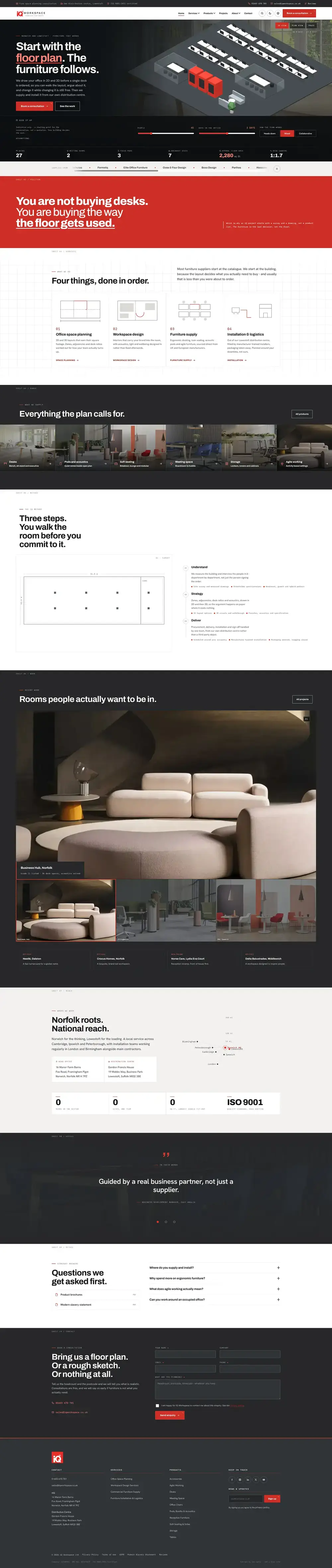Full-page scrolling preview of a workplace planning and furniture concept