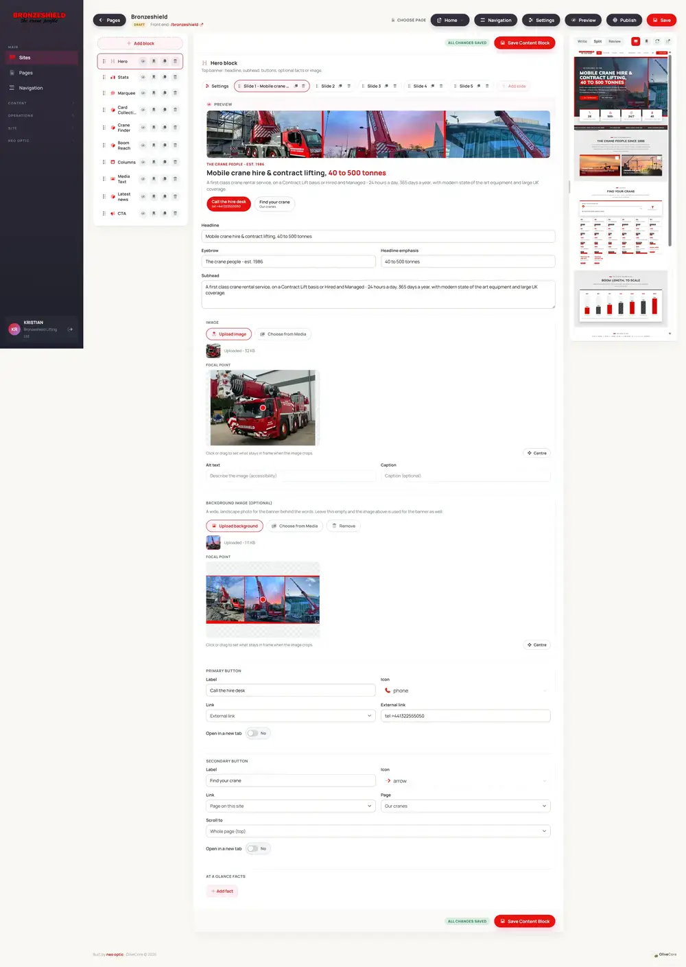 Full-page preview of a visual content editor and live page preview